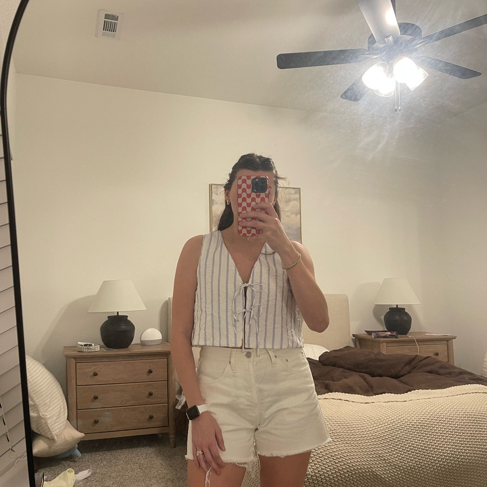 Zara White and Blue Striped Tie-Front Tank Top